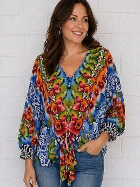 Alberto Makali M Oversized Colorful Brazilian Garden Dolman Sleeve Tie Front Top